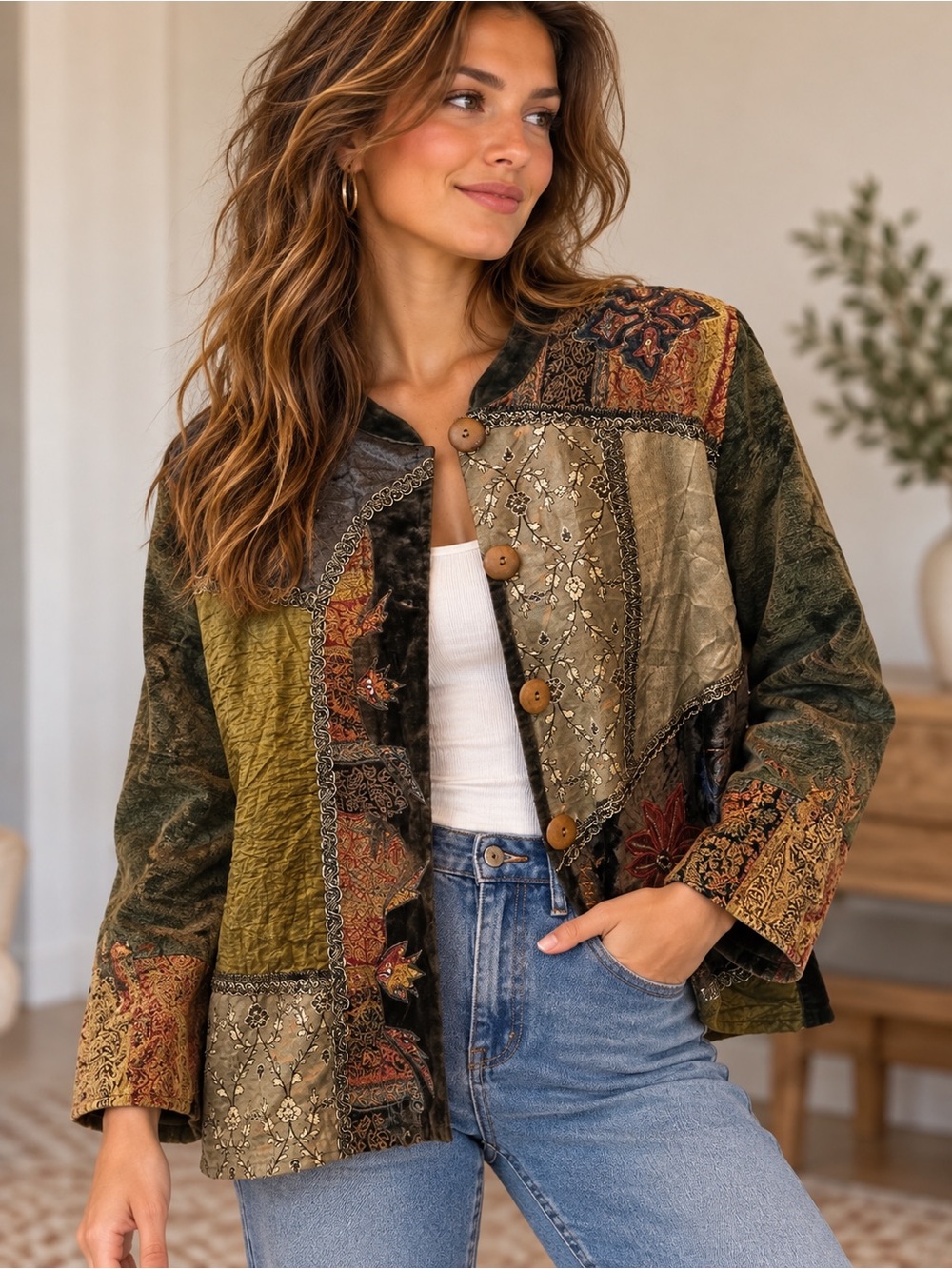 Vintage Flashback Patchwork Jacket Women’s Medium Embroidered Velvet Boho Y2K